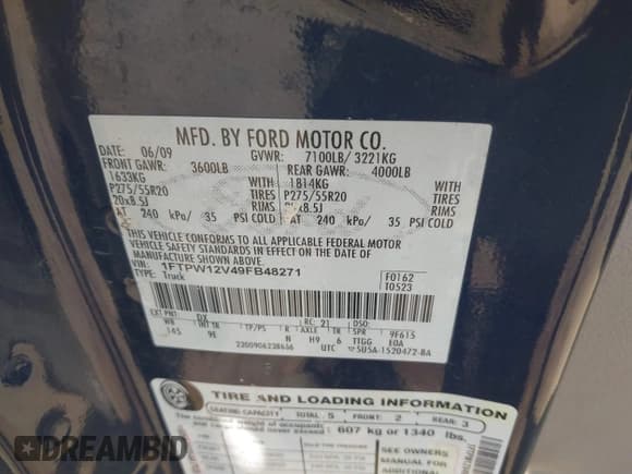 ✅ 2009 Ford F-150 XL • VIN: 1FTPW12V49FB48271 • Lot: 42700110. Listed on IAAI with 340,713 mi. Free auction sales archive from the USA and detailed vehicle history report at DreamBid. Image 9.