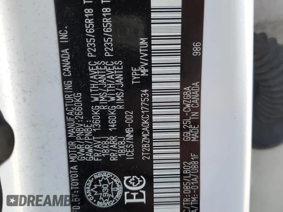 ✅ 2019 Lexus RX 350 • VIN: 2T2BZMCA0KC177534 • Lot: 81374535. Listed on Copart with 95,915 mi. Free auction sales archive from the USA and detailed vehicle history report at DreamBid. Image 13.