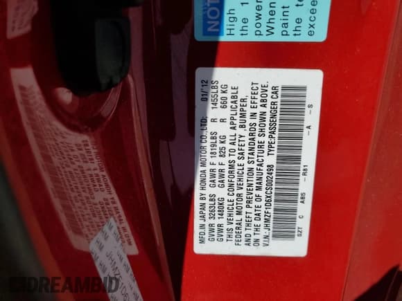 ✅ 2012 Honda CR-Z EX • VIN: JHMZF1D6XCS002498 • Lot: 61763635. Listed on Copart with 143,373 mi. Free auction sales archive from the USA and detailed vehicle history report at DreamBid. Image 12.