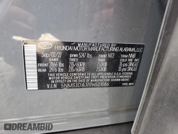 ✅ 2023 Hyundai Santa Fe SEL • VIN: 5NMS3DAJ7PH501086 • Лот: 87176805. Опубликован ранее на Copart с пробегом 37 065 миль. Бесплатный доступ к архиву аукционных продаж из США и подробный отчёт об истории автомобиля на DreamBid. Изображение 13.