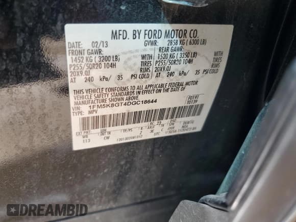 ✅ 2013 Ford Explorer Sport • VIN: 1FM5K8GT4DGC18644 • Lot: 85127065. Listed on Copart with 130,088 mi. Free auction sales archive from the USA and detailed vehicle history report at DreamBid. Image 13.