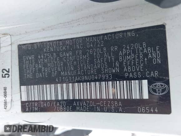 2022 Toyota Camry SE z VIN 4T1G11AK9NU047993, wystawiony jako IAAI lot #43315367 z przebiegiem 70 901 mil mil oraz . Historia ofert i sprzedaży dostępna na DreamBid. Obrazek 9.