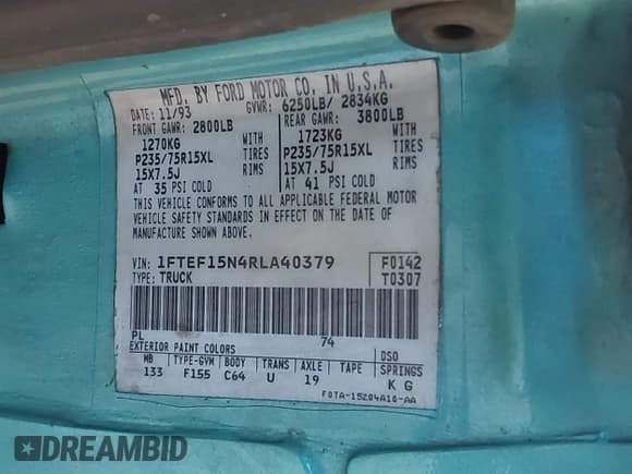 ✅ 1994 Ford F-150 • VIN: 1FTEF15N4RLA40379 • Lot: 41809241. Listed on IAAI with 173,537 mi. Free auction sales archive from the USA and detailed vehicle history report at DreamBid. Image 9.