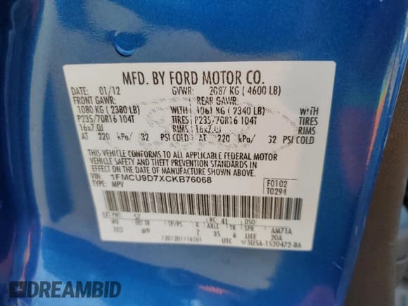 ✅ 2012 Ford Escape XLT • VIN: 1FMCU9D7XCKB76068 • Lot: 91356315. Listed on Copart with 195,031 mi. Free auction sales archive from the USA and detailed vehicle history report at DreamBid. Image 12.