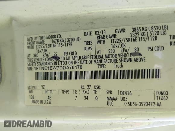 ✅ 2013 Ford Econoline Cargo Commercial • VIN: 1FTNE1EW7DDA76176 • Lot: 42477521. Listed on IAAI with 175,000 mi. Free auction sales archive from the USA and detailed vehicle history report at DreamBid. Image 9.