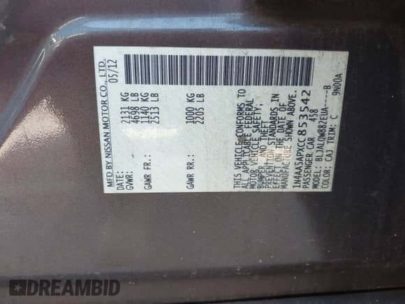 2012 Nissan Maxima S z VIN 1N4AA5APXCC853542, wystawiony jako IAAI lot #42746342 z przebiegiem 227 384 mil mil oraz . Historia ofert i sprzedaży dostępna na DreamBid. Obrazek 9.