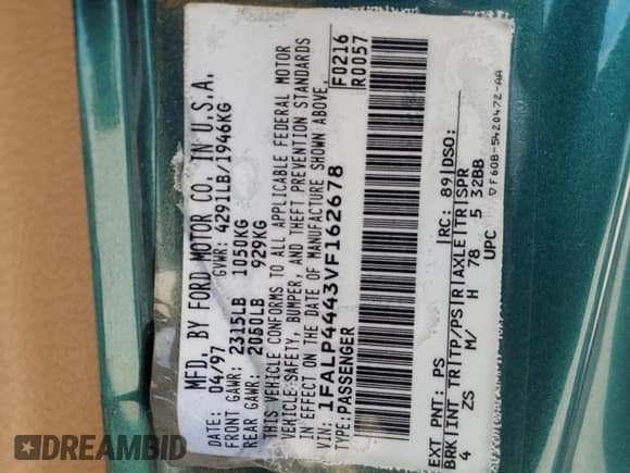 ✅ 1997 Ford Mustang • VIN: 1FALP4443VF162678 • Лот: 67777625. Опубликован ранее на Copart с пробегом 95 215 миль. Бесплатный доступ к архиву аукционных продаж из США и подробный отчёт об истории автомобиля на DreamBid. Изображение 12.