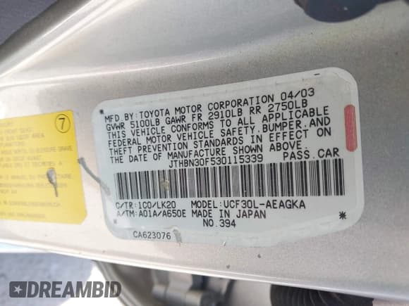 ✅ 2003 Lexus LS 430 • VIN: JTHBN30F530115339 • Lot: 42862713. Listed on IAAI with 160,905 mi. Free auction sales archive from the USA and detailed vehicle history report at DreamBid. Image 9.