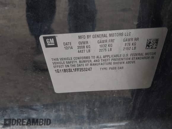 2015 Chevrolet Malibu LS с VIN 1G11B5SL1FF253247, выставлен на аукционе IAAI как лот 43256437 с пробегом 180 086 миль миль и . История ставок и продаж доступна на DreamBid. Изображение 9.