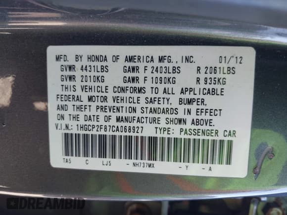 ✅ 2012 Honda Accord EX-L • VIN: 1HGCP2F87CA068927 • Лот: 43601197. Опубликован ранее на IAAI с пробегом 338 209 миль. Бесплатный доступ к архиву аукционных продаж из США и подробный отчёт об истории автомобиля на DreamBid. Изображение 9.