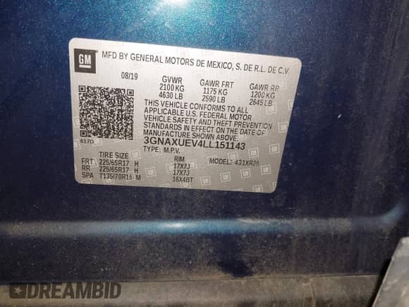 2020 Chevrolet Equinox LT with VIN 3GNAXUEV4LL151143, listed as a IAAI auction lot 43100439 with 50,646 mi miles and . Bid and sale history available at DreamBid. Image 9.
