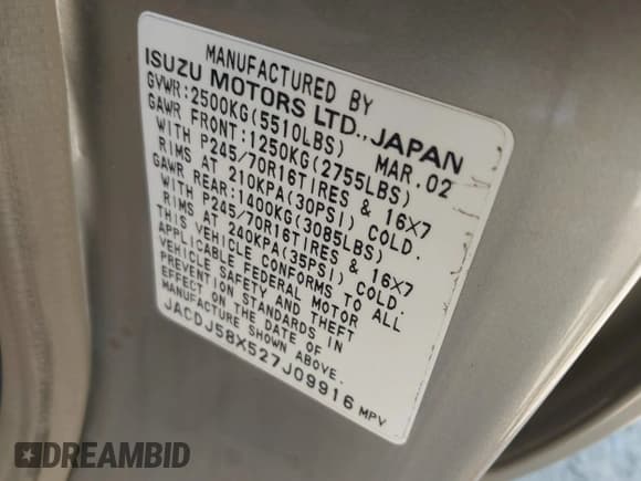 ✅ 2002 Isuzu Trooper S • VIN: JACDJ58X527J09916 • Lot: 42603637. Listed on IAAI with 177,237 mi. Free auction sales archive from the USA and detailed vehicle history report at DreamBid. Image 9.