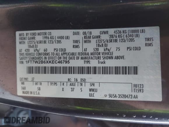 ✅ 2019 Ford F-250 XL • VIN: 1FT7W2B6XKEC46795 • Lot: 43429518. Listed on IAAI with 171,575 mi. Free auction sales archive from the USA and detailed vehicle history report at DreamBid. Image 9.