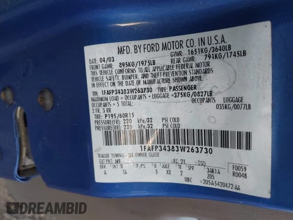 ✅ 2003 Ford Focus SE • VIN: 1FAFP34383W263730 • Lot: 42836839. Listed on IAAI with 147,874 mi. Free auction sales archive from the USA and detailed vehicle history report at DreamBid. Image 9.