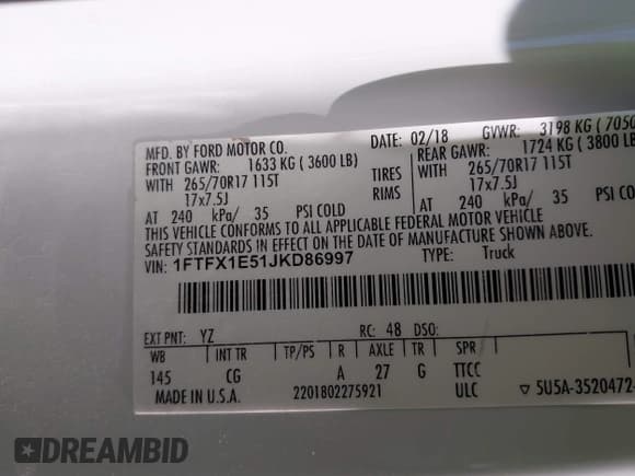 ✅ 2018 Ford F-150 XL • VIN: 1FTFX1E51JKD86997 • Lot: 42925938. Listed on IAAI with 140,628 mi. Free auction sales archive from the USA and detailed vehicle history report at DreamBid. Image 9.