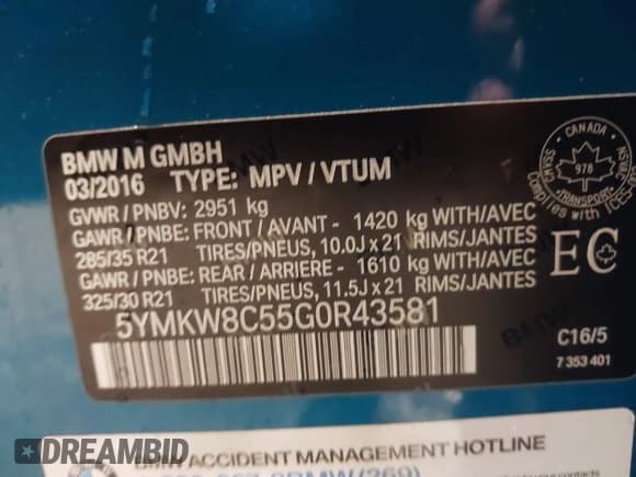 ✅ 2016 BMW X6 M • VIN: 5YMKW8C55G0R43581 • Lot: 42222086. Listed on IAAI with 69,066 mi. Free auction sales archive from the USA and detailed vehicle history report at DreamBid. Image 9.