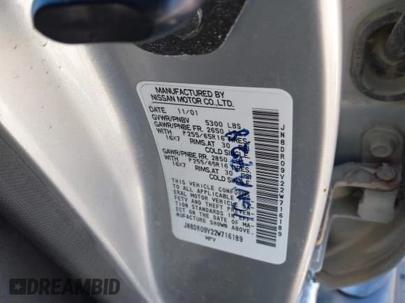 ✅ 2002 Nissan Pathfinder LE • VIN: JN8DR09Y22W716189 • Lot: 41972218. Listed on IAAI with 153,006 mi. Free auction sales archive from the USA and detailed vehicle history report at DreamBid. Image 9.