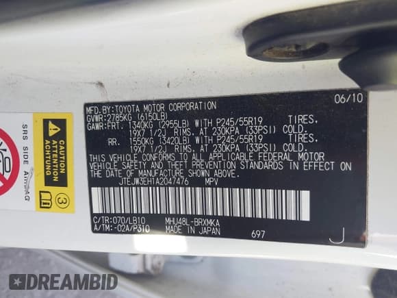 ✅ 2010 Toyota Highlander Limited • VIN: JTEJW3EH1A2047476 • Lot: 43799497. Listed on IAAI with 176,602 mi. Free auction sales archive from the USA and detailed vehicle history report at DreamBid. Image 9.