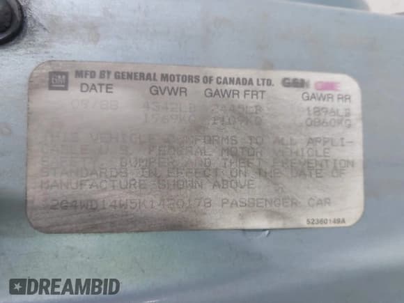 ✅ 1989 Buick Regal • VIN: 2G4WD14W5K1420178 • Lot: 43895869. Listed on IAAI with 148,889 mi. Free auction sales archive from the USA and detailed vehicle history report at DreamBid. Image 9.