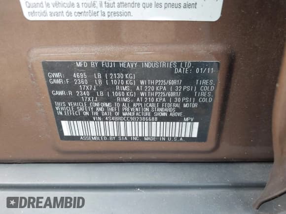 ✅ 2011 Subaru Outback Prem • VIN: 4S4BRDCC9B2386688 • Lot: 43088549. Wystawiony na IAAI z przebiegiem 147 967 mil. Bezpłatny archiwum sprzedaży aukcyjnych z USA i szczegółowy raport historii pojazdu na DreamBid. Zdjęcie 9.