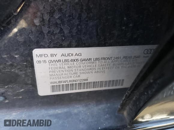 ✅ 2016 Audi A4 Premium • VIN: WAUBFAFL6GN012288 • Lot: 51652313. Listed on Copart with 62,549 mi. Free auction sales archive from the USA and detailed vehicle history report at DreamBid. Image 14.