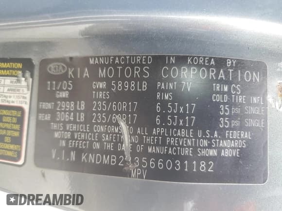 ✅ 2006 Kia Sedona LX • VIN: KNDMB233566031182 • Lot: 69612145. Listed on Copart with 163,729 mi. Free auction sales archive from the USA and detailed vehicle history report at DreamBid. Image 13.