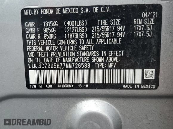 ✅ 2021 Honda HR-V EX-L • VIN: 3CZRU5H77MM726588 • Lot: 66619885. Wystawiony na Copart z przebiegiem Nie podano. Bezpłatny archiwum sprzedaży aukcyjnych z USA i szczegółowy raport historii pojazdu na DreamBid. Zdjęcie 14.
