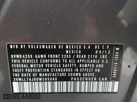 ✅ 2013 Volkswagen Jetta TDI w/Premium • VIN: 3VWLL7AJ0DM385046 • Lot: 55612265. Listed on Copart with 115,955 mi. Free auction sales archive from the USA and detailed vehicle history report at DreamBid. Image 12.