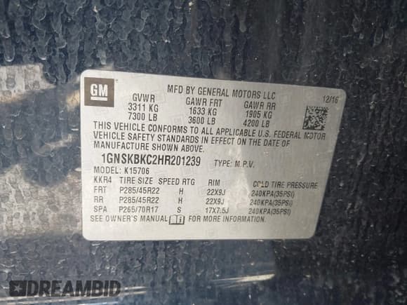 ✅ 2017 Chevrolet Tahoe LT • VIN: 1GNSKBKC2HR201239 • Lot: 42780374. Listed on IAAI with 106,690 mi. Free auction sales archive from the USA and detailed vehicle history report at DreamBid. Image 9.