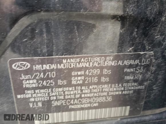 ✅ 2011 Hyundai Sonata SE • VIN: 5NPEC4AC9BH098836 • Lot: 72466224. Listed on Copart with 124,982 mi. Free auction sales archive from the USA and detailed vehicle history report at DreamBid. Image 12.