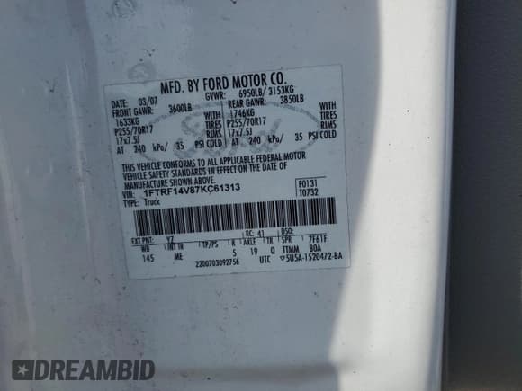 ✅ 2007 Ford F-150 XL • VIN: 1FTRF14V87KC61313 • Lot: 80821655. Listed on Copart with 187,539 mi. Free auction sales archive from the USA and detailed vehicle history report at DreamBid. Image 12.