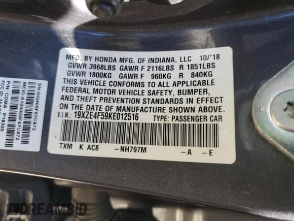 ✅ 2019 Honda Insight EX • VIN: 19XZE4F59KE012516 • Lot: 72016185. Listed on Copart with 80,971 mi. Free auction sales archive from the USA and detailed vehicle history report at DreamBid. Image 12.