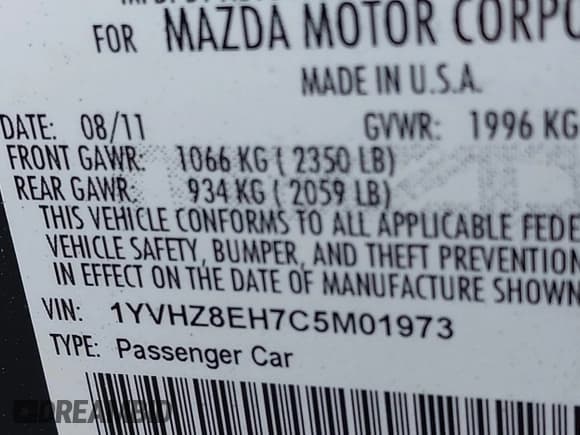 ✅ 2012 Mazda 6 i Touring Plus • VIN: 1YVHZ8EH7C5M01973 • Лот: 42178152. Опубликован ранее на IAAI с пробегом 135 553 миль. Бесплатный доступ к архиву аукционных продаж из США и подробный отчёт об истории автомобиля на DreamBid. Изображение 9.