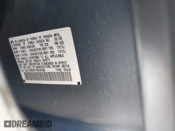 ✅ 2007 Honda Ridgeline RTS • VIN: 2HJYK16407H514039 • Лот: 43565399. Опубликован ранее на IAAI с пробегом 157 836 миль. Бесплатный доступ к архиву аукционных продаж из США и подробный отчёт об истории автомобиля на DreamBid. Изображение 9.