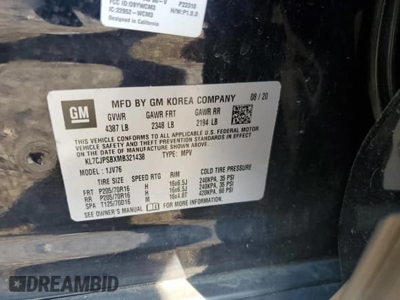 ✅ 2021 Chevrolet Trax LT • VIN: KL7CJPSBXMB321438 • Lot: 80332595. Listed on Copart with 144,473 mi. Free auction sales archive from the USA and detailed vehicle history report at DreamBid. Image 13.