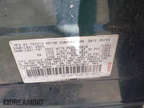 2001 Toyota Highlander с VIN JTEGF21A710019612, выставлен на аукционе IAAI как лот 42518047 с пробегом 185 540 миль миль и . История ставок и продаж доступна на DreamBid. Изображение 9.