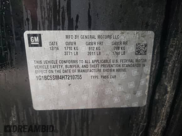 2017 Chevrolet Cruze LS z VIN 1G1BC5SM4H7210755, wystawiony jako Copart lot #66201202 z przebiegiem 48 259 mil mil oraz . Historia ofert i sprzedaży dostępna na DreamBid. Obrazek 10.