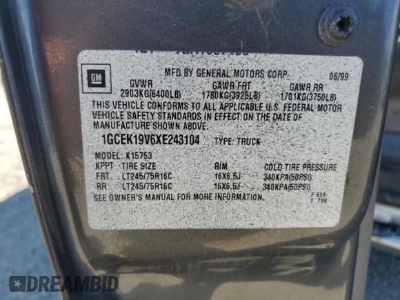 ✅ 1999 Chevrolet Silverado 1500 • VIN: 1GCEK19V6XE243104 • Лот: 65194625. Опубликован ранее на Copart с пробегом Не указан. Бесплатный доступ к архиву аукционных продаж из США и подробный отчёт об истории автомобиля на DreamBid. Изображение 12.