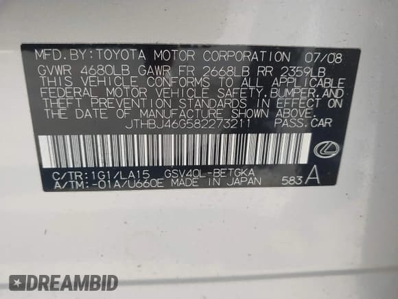 ✅ 2008 Lexus ES 330 • VIN: JTHBJ46G582273211 • Lot: 43746481. Listed on IAAI with 188,602 mi. Free auction sales archive from the USA and detailed vehicle history report at DreamBid. Image 9.