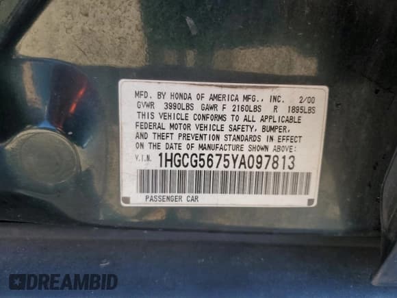 ✅ 2000 Honda Accord SE • VIN: 1HGCG5675YA097813 • Lot: 86464395. Listed on Copart with 169,534 mi. Free auction sales archive from the USA and detailed vehicle history report at DreamBid. Image 13.