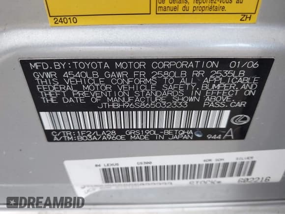 ✅ 2006 Lexus GS 300 • VIN: JTHBH96S865032333 • Lot: 43339987. Listed on IAAI with 182,391 mi. Free auction sales archive from the USA and detailed vehicle history report at DreamBid. Image 9.