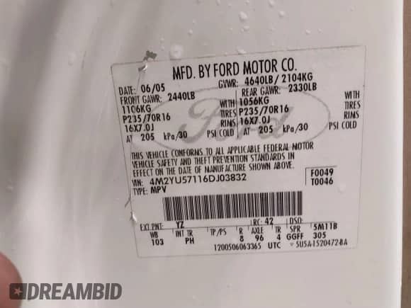 2006 Mercury Mariner Luxury с VIN 4M2YU57116DJ03832, выставлен на аукционе IAAI как лот 41790719 с пробегом 161 978 миль миль и . История ставок и продаж доступна на DreamBid. Изображение 9.