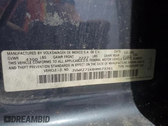 ✅ 2009 Volkswagen Jetta SE • VIN: 3VWRZ71K89M073761 • Lot: 52799345. Listed on Copart with 152,690 mi. Free auction sales archive from the USA and detailed vehicle history report at DreamBid. Image 12.