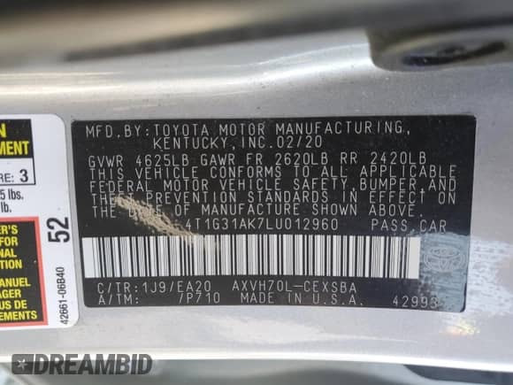 2020 Toyota Camry Hybrid SE с VIN 4T1G31AK7LU012960, выставлен на аукционе Copart как лот 83838075 с пробегом 63 019 миль миль и Списание • Salvage title. История ставок и продаж доступна на DreamBid. Изображение 12.