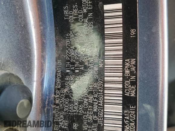 2006 Toyota Highlander with VIN JTEGD21A460147397, listed as a Copart auction lot 65257545 with Not provided miles and Salvage title. Bid and sale history available at DreamBid. Image 13.