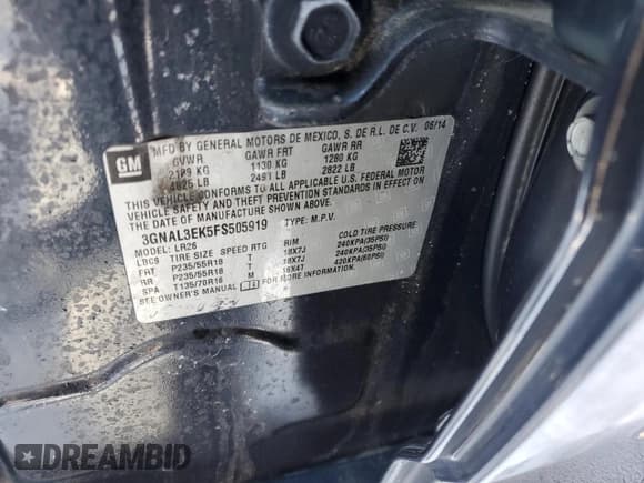 ✅ 2015 Chevrolet Captiva Sport LT • VIN: 3GNAL3EK5FS505919 • Lot: 42770095. Wystawiony na Copart z przebiegiem Nie podano. Bezpłatny archiwum sprzedaży aukcyjnych z USA i szczegółowy raport historii pojazdu na DreamBid. Zdjęcie 14.