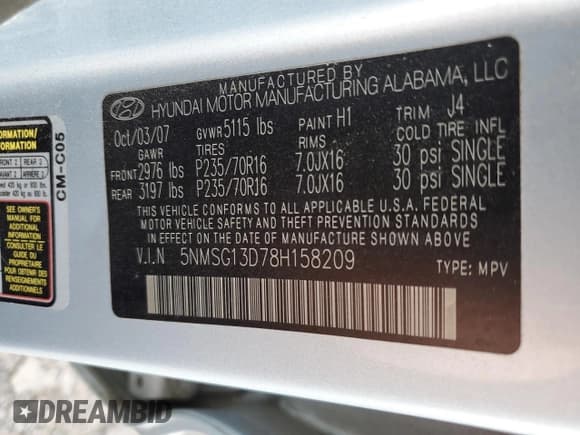 ✅ 2008 Hyundai Santa Fe GLS • VIN: 5NMSG13D78H158209 • Lot: 83012064. Listed on Copart with 148,934 mi. Free auction sales archive from the USA and detailed vehicle history report at DreamBid. Image 13.