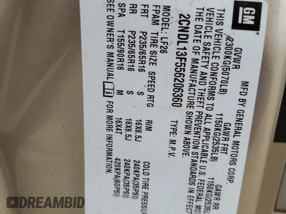 ✅ 2005 Chevrolet Equinox LS • VIN: 2CNDL13F556206360 • Лот: 44892375. Опубликован ранее на Copart с пробегом 91 942 миль. Бесплатный доступ к архиву аукционных продаж из США и подробный отчёт об истории автомобиля на DreamBid. Изображение 13.