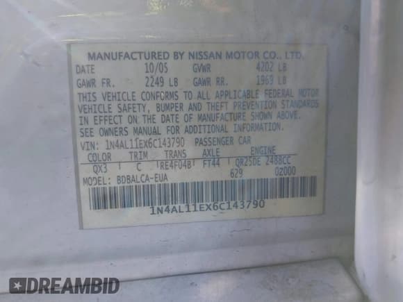 ✅ 2006 Nissan Altima S • VIN: 1N4AL11EX6C143790 • Lot: 43487993. Wystawiony na IAAI z przebiegiem 179 965 mil. Bezpłatny archiwum sprzedaży aukcyjnych z USA i szczegółowy raport historii pojazdu na DreamBid. Zdjęcie 9.
