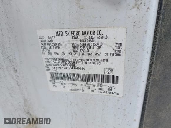 ✅ 2013 Ford F-150 XL • VIN: 1FTMF1CF0DFB49260 • Лот: 42093483. Опубликован ранее на IAAI с пробегом 169 287 миль. Бесплатный доступ к архиву аукционных продаж из США и подробный отчёт об истории автомобиля на DreamBid. Изображение 9.